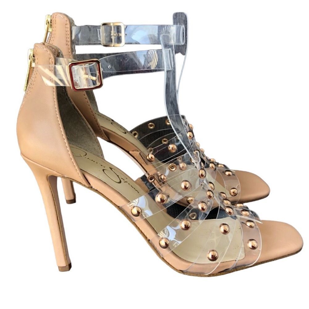NWT Jessica Simpson Tan Beige Khaki Back Clear Vinyl front with diver Studs 4”